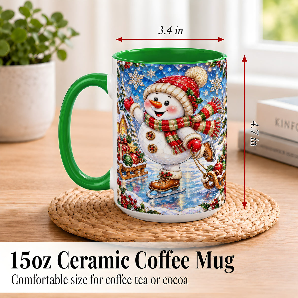 #pl[15oz|Green] Jeweled Ice Skating Snowman Coffee Mug, Christmas Snowman Mug, Ceramic Cup