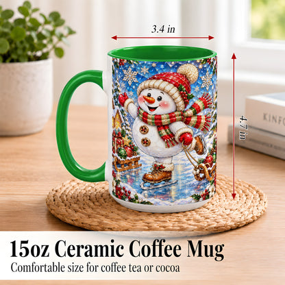 #pl[15oz|Green] Jeweled Ice Skating Snowman Coffee Mug, Christmas Snowman Mug, Ceramic Cup