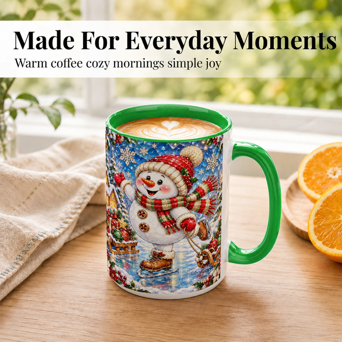 #pl[15oz|Green] Jeweled Ice Skating Snowman Coffee Mug, Christmas Snowman Mug, Ceramic Cup
