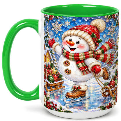 #pl[15oz|Green] Jeweled Ice Skating Snowman Coffee Mug, Christmas Snowman Mug, Ceramic Cup
