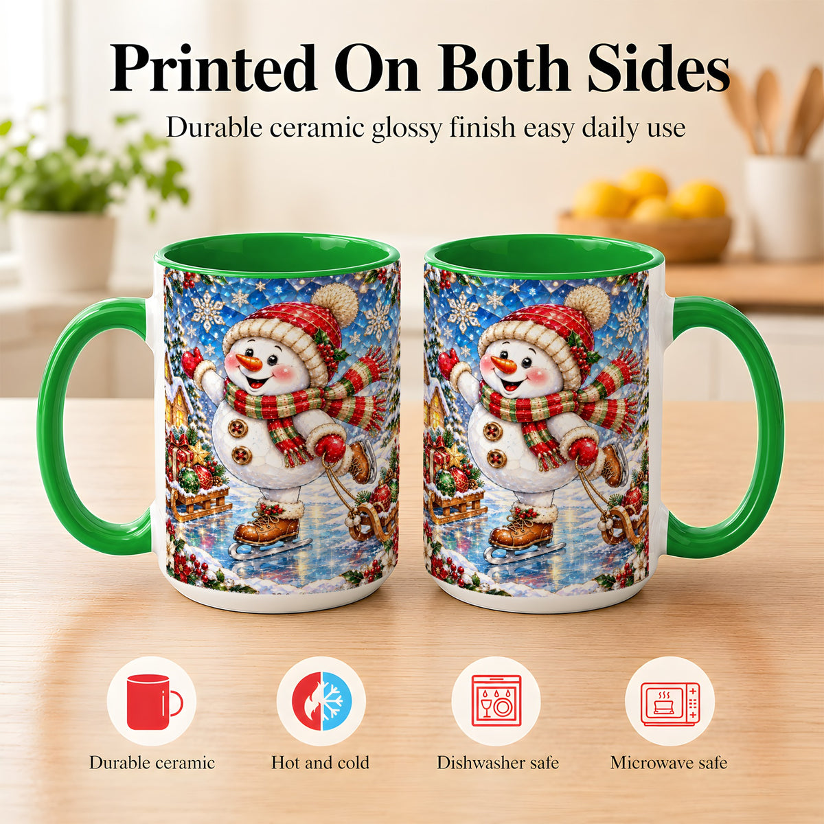 #pl[15oz|Green] Jeweled Ice Skating Snowman Coffee Mug, Christmas Snowman Mug, Ceramic Cup