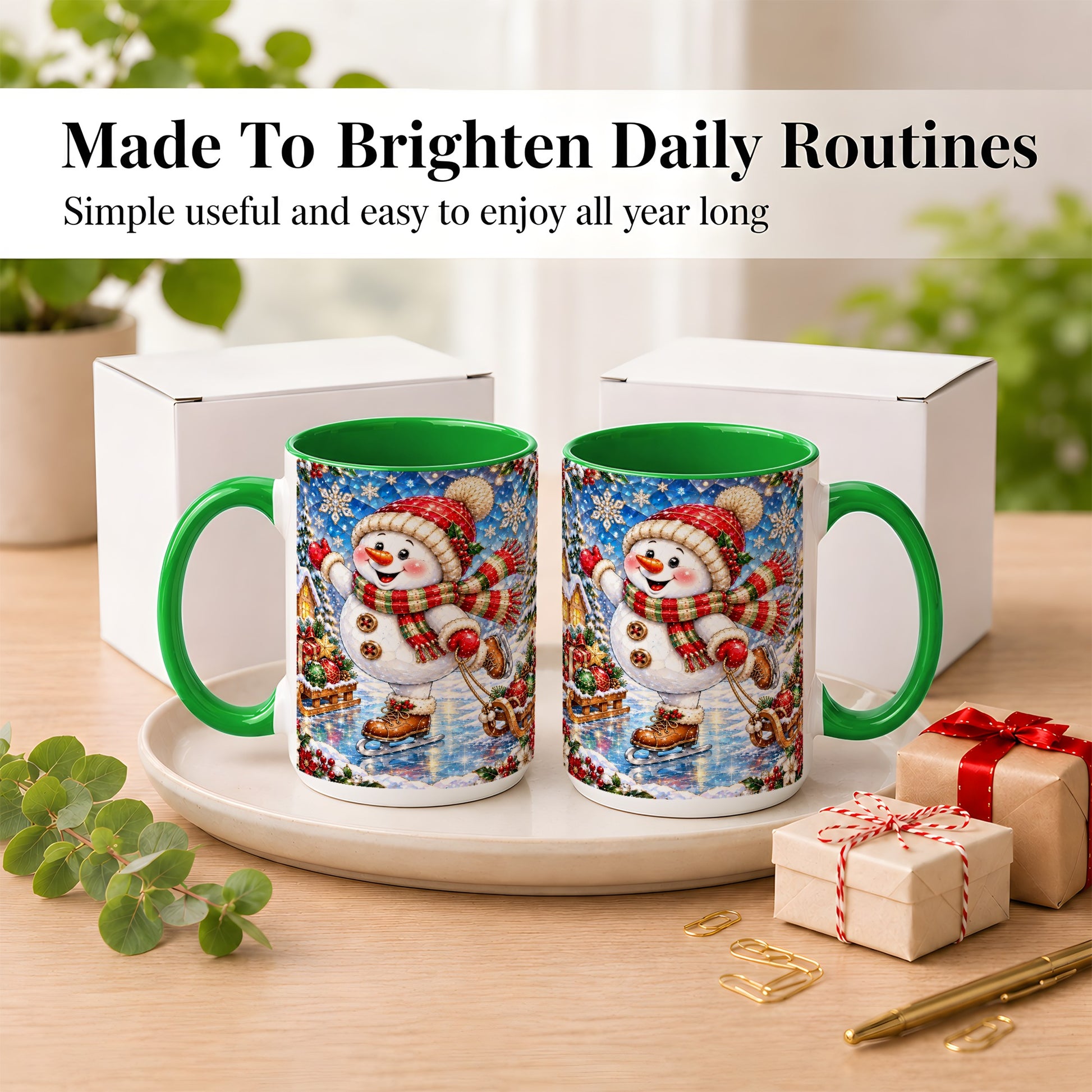 #pl[15oz|Green] Jeweled Ice Skating Snowman Coffee Mug, Christmas Snowman Mug, Ceramic Cup