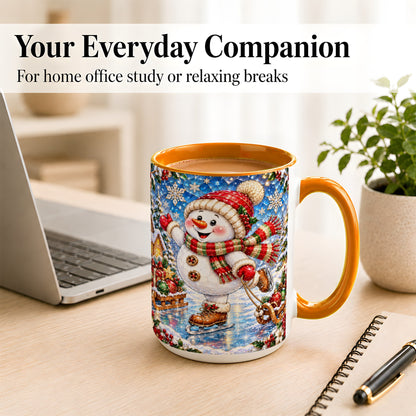 #pl[15oz|Orange] Jeweled Ice Skating Snowman Coffee Mug, Christmas Snowman Mug, Ceramic Cup