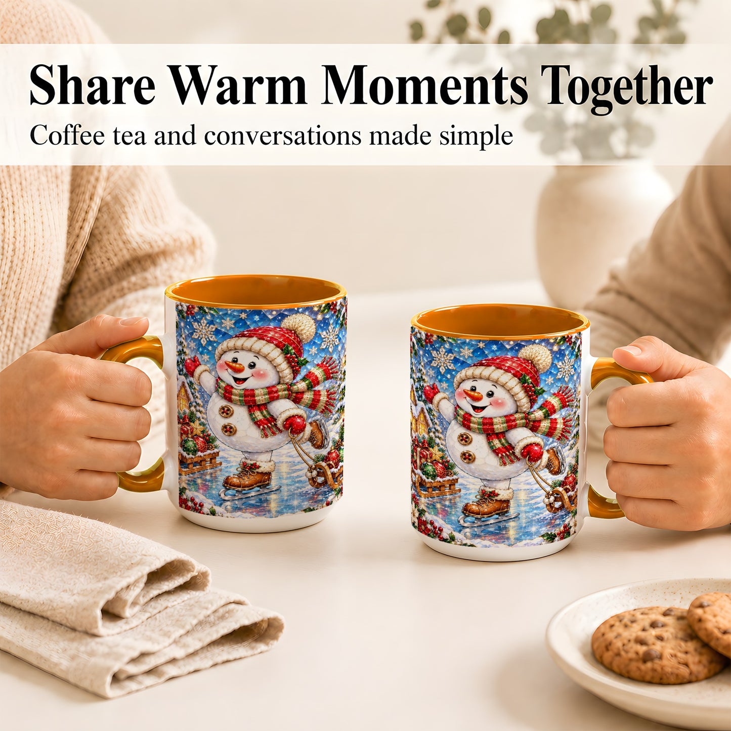 #pl[15oz|Orange] Jeweled Ice Skating Snowman Coffee Mug, Christmas Snowman Mug, Ceramic Cup