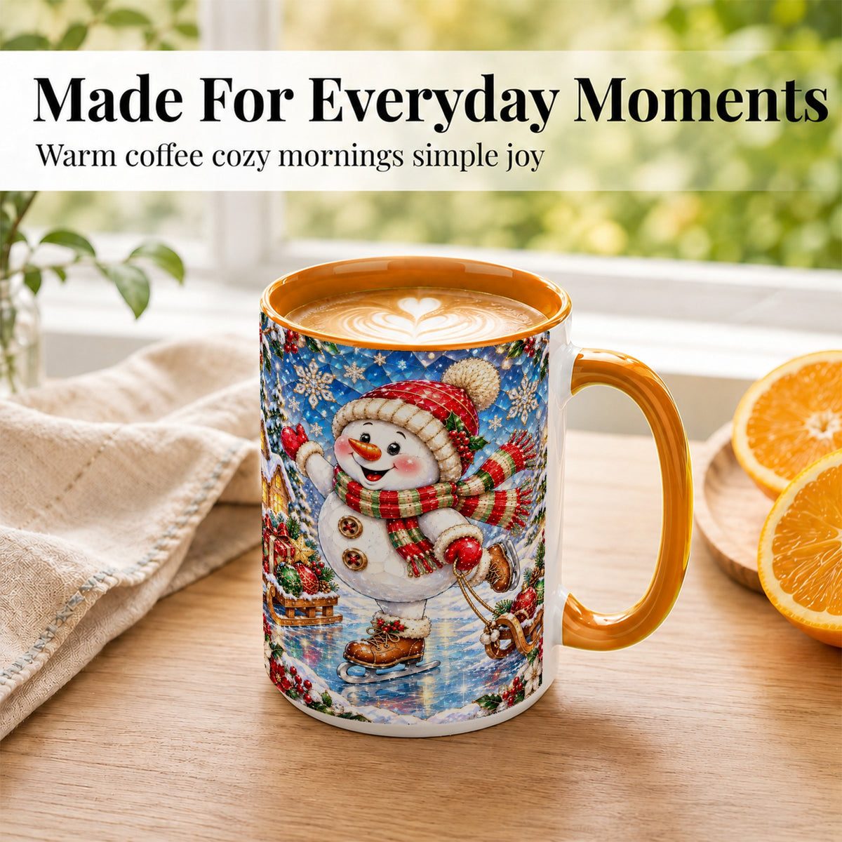 #pl[15oz|Orange] Jeweled Ice Skating Snowman Coffee Mug, Christmas Snowman Mug, Ceramic Cup