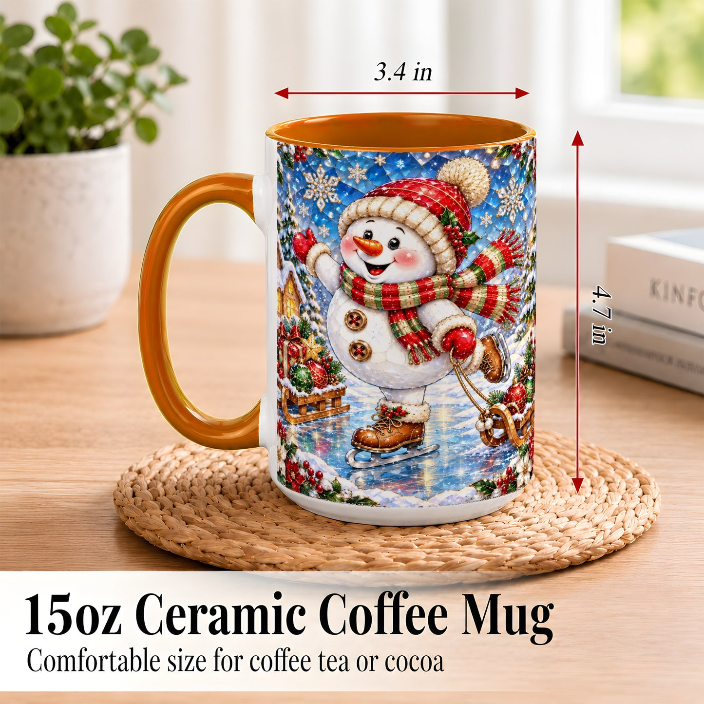 #pl[15oz|Orange] Jeweled Ice Skating Snowman Coffee Mug, Christmas Snowman Mug, Ceramic Cup