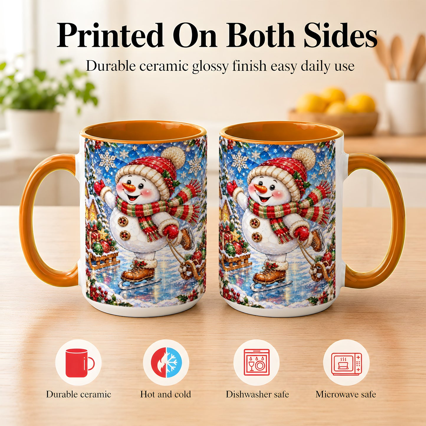 #pl[15oz|Orange] Jeweled Ice Skating Snowman Coffee Mug, Christmas Snowman Mug, Ceramic Cup
