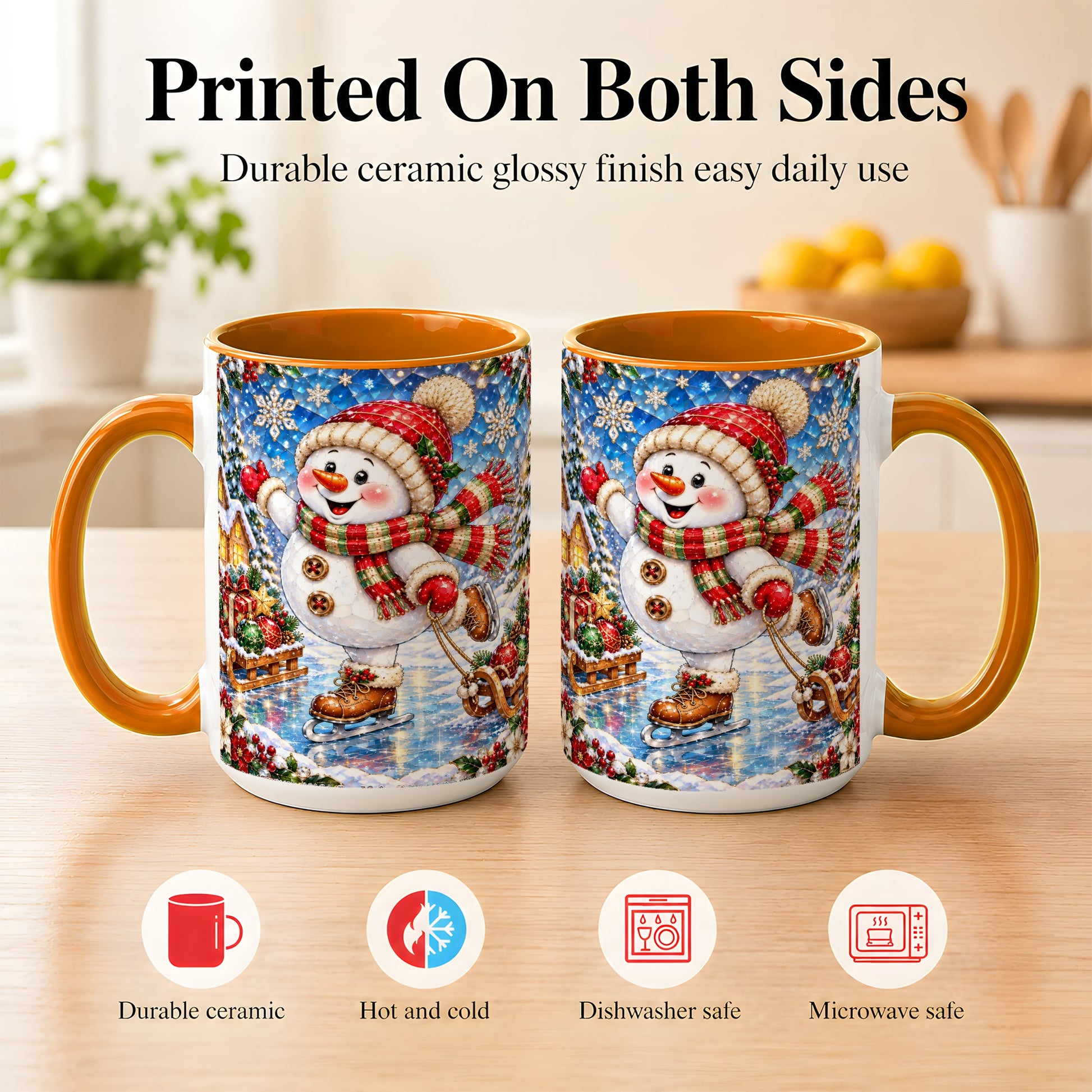 #pl[15oz|Orange] Jeweled Ice Skating Snowman Coffee Mug, Christmas Snowman Mug, Ceramic Cup
