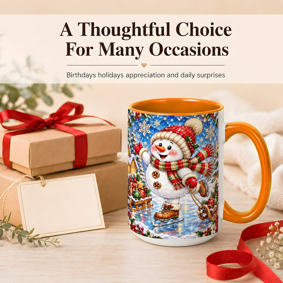 #pl[15oz|Orange] Jeweled Ice Skating Snowman Coffee Mug, Christmas Snowman Mug, Ceramic Cup