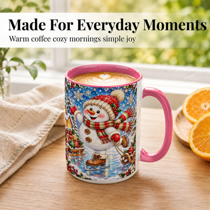 #pl[15oz|Pink] Jeweled Ice Skating Snowman Coffee Mug, Christmas Snowman Mug, Ceramic Cup