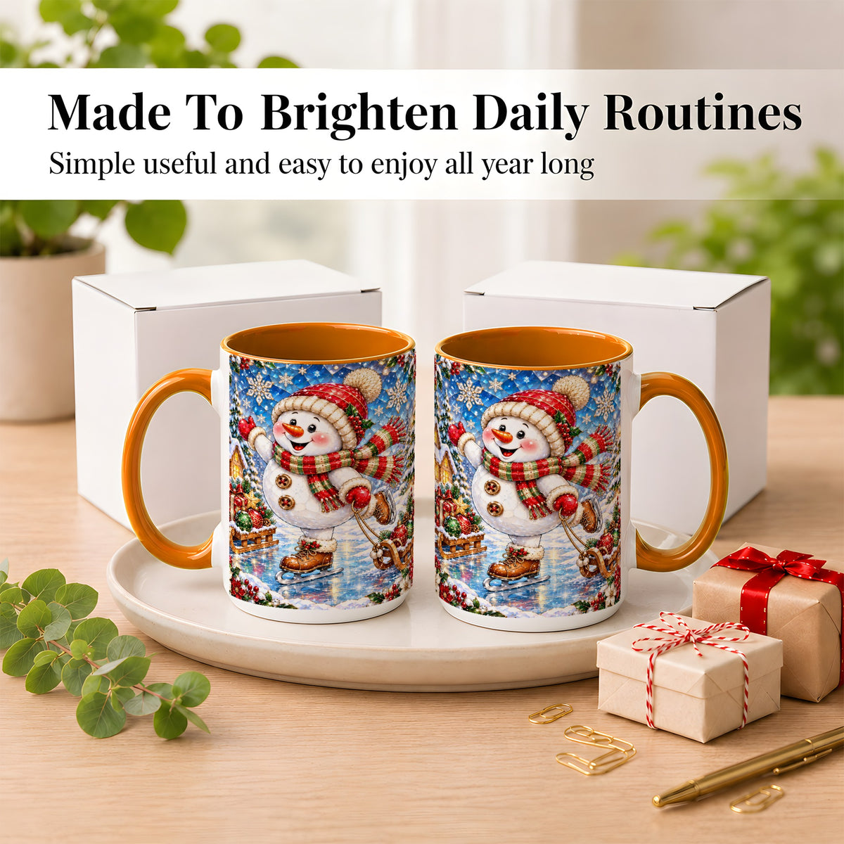 #pl[15oz|Orange] Jeweled Ice Skating Snowman Coffee Mug, Christmas Snowman Mug, Ceramic Cup
