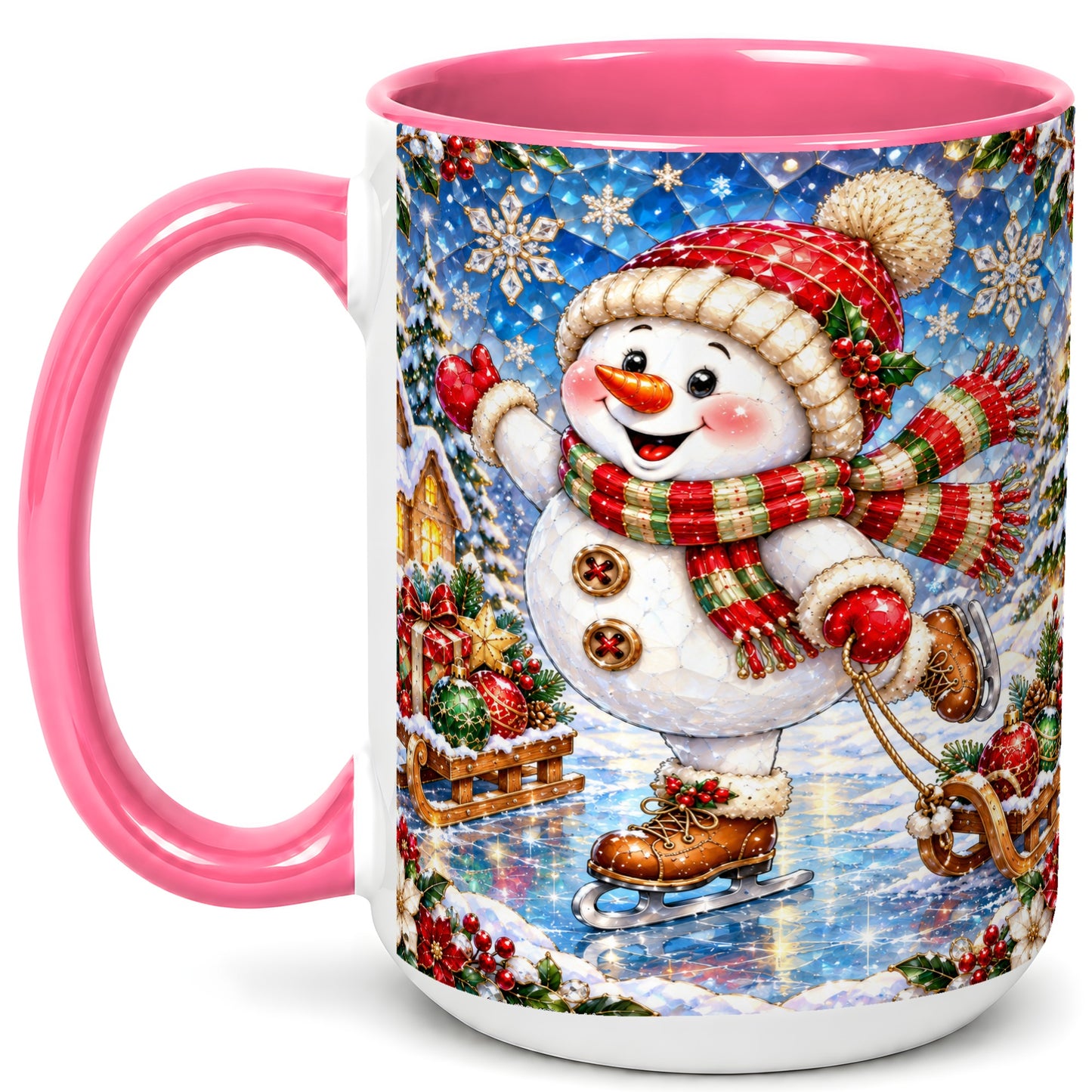 #pl[15oz|Pink] Jeweled Ice Skating Snowman Coffee Mug, Christmas Snowman Mug, Ceramic Cup