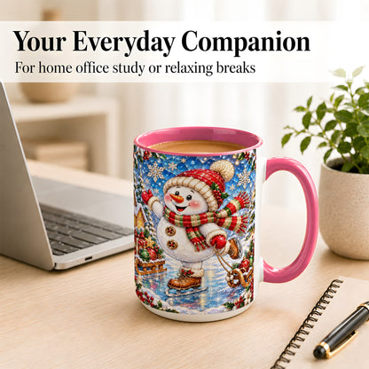#pl[15oz|Pink] Jeweled Ice Skating Snowman Coffee Mug, Christmas Snowman Mug, Ceramic Cup