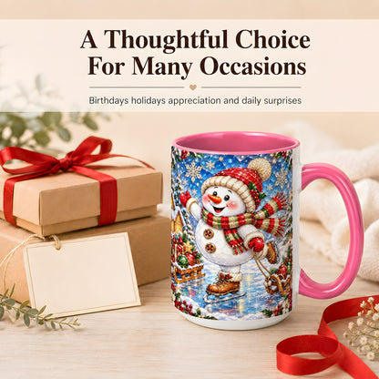 #pl[15oz|Pink] Jeweled Ice Skating Snowman Coffee Mug, Christmas Snowman Mug, Ceramic Cup
