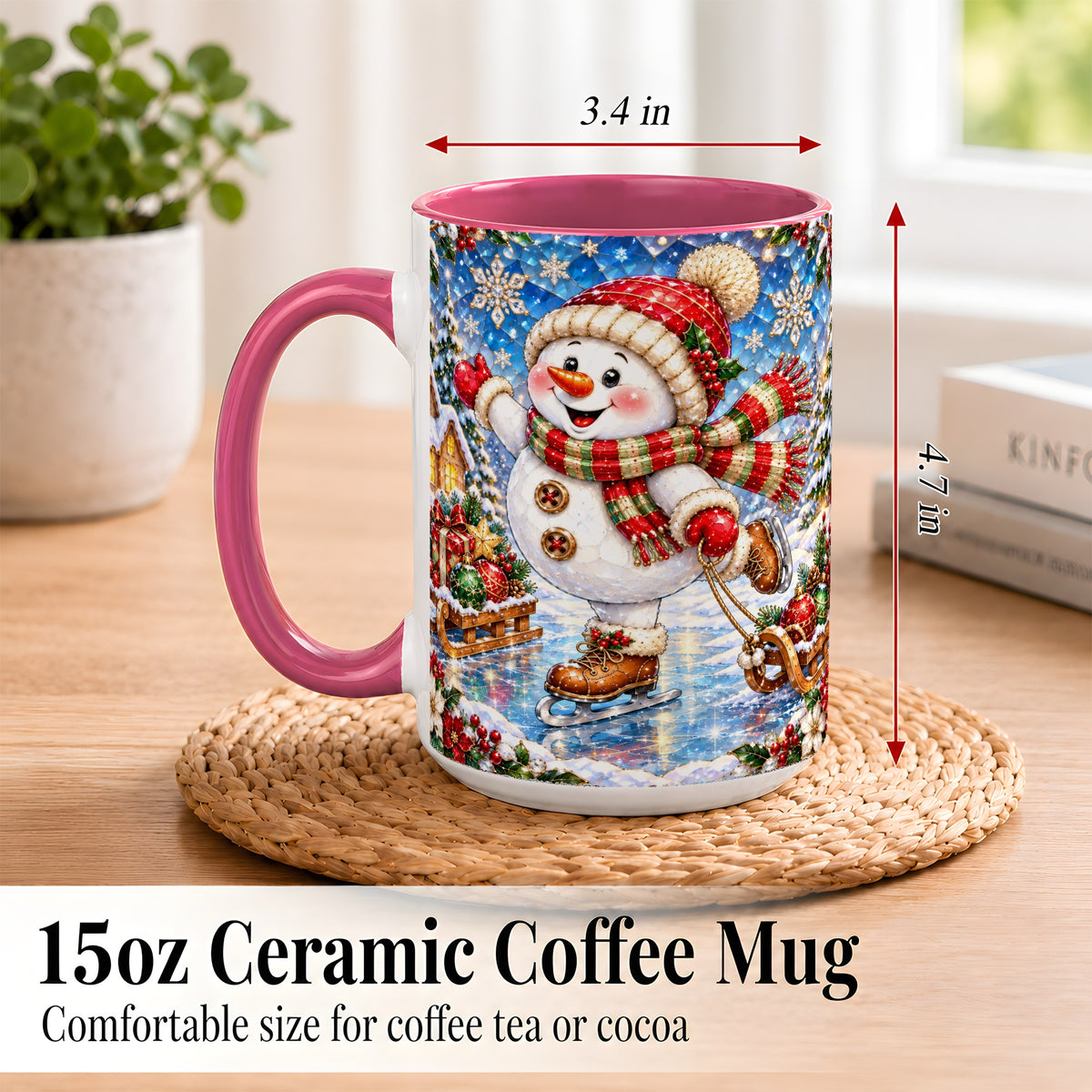 #pl[15oz|Pink] Jeweled Ice Skating Snowman Coffee Mug, Christmas Snowman Mug, Ceramic Cup