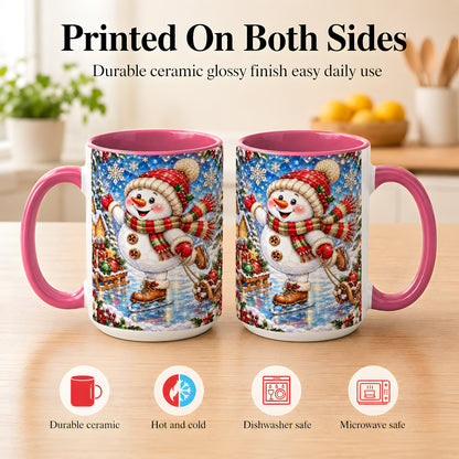 #pl[15oz|Pink] Jeweled Ice Skating Snowman Coffee Mug, Christmas Snowman Mug, Ceramic Cup