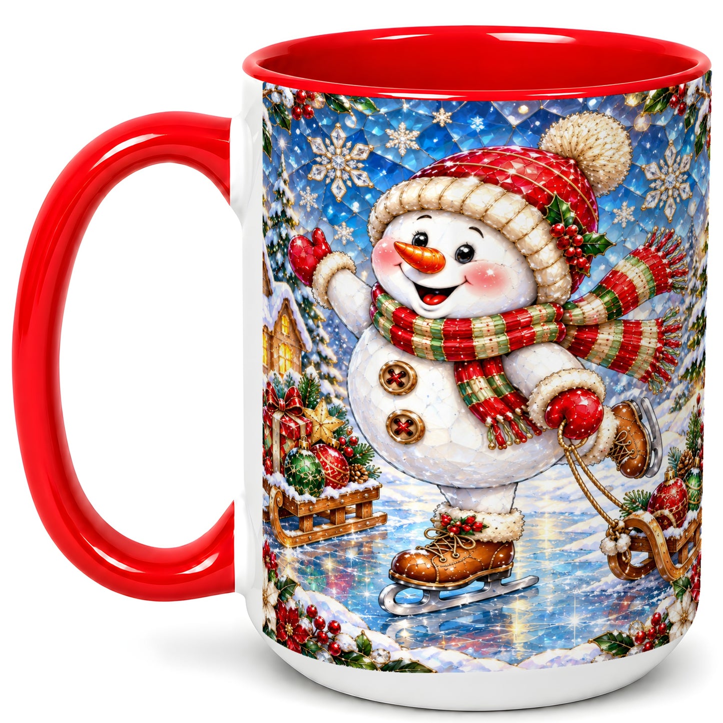 #pl[15oz|Red] Jeweled Ice Skating Snowman Coffee Mug, Christmas Snowman Mug, Ceramic Cup