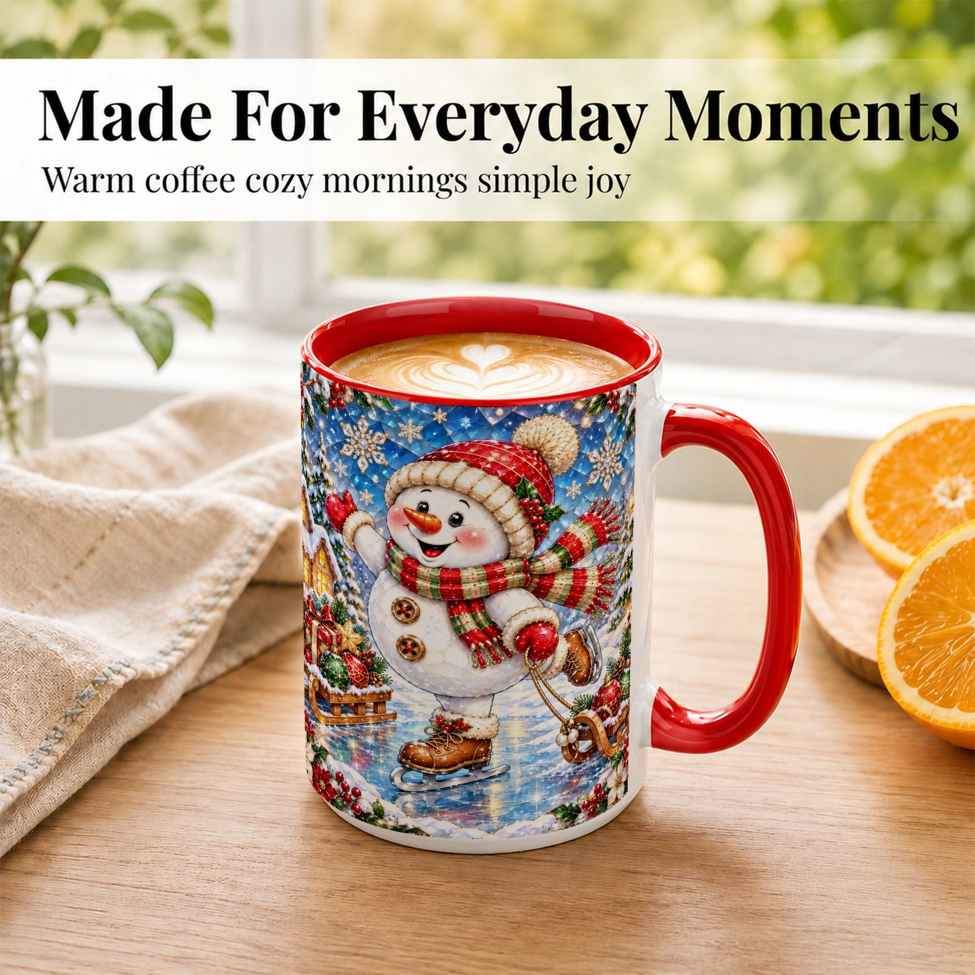 #pl[15oz|Red] Jeweled Ice Skating Snowman Coffee Mug, Christmas Snowman Mug, Ceramic Cup