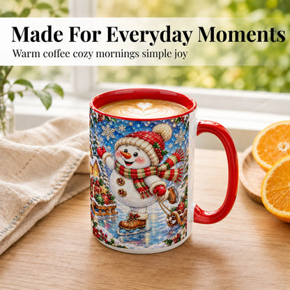 #pl[15oz|Red] Jeweled Ice Skating Snowman Coffee Mug, Christmas Snowman Mug, Ceramic Cup