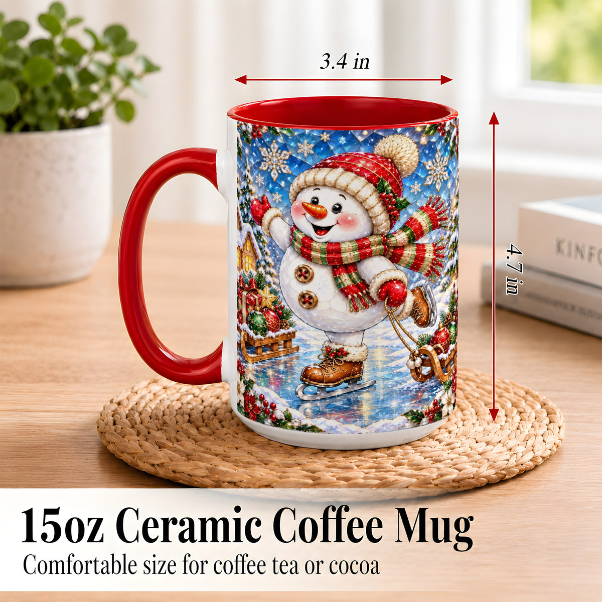 #pl[15oz|Red] Jeweled Ice Skating Snowman Coffee Mug, Christmas Snowman Mug, Ceramic Cup
