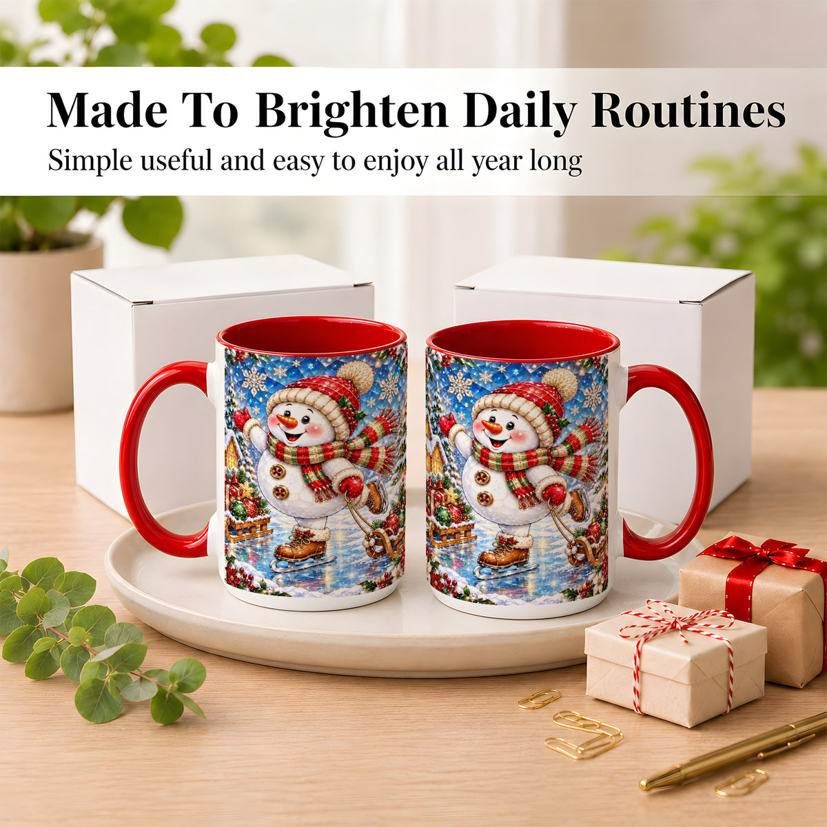 #pl[15oz|Red] Jeweled Ice Skating Snowman Coffee Mug, Christmas Snowman Mug, Ceramic Cup