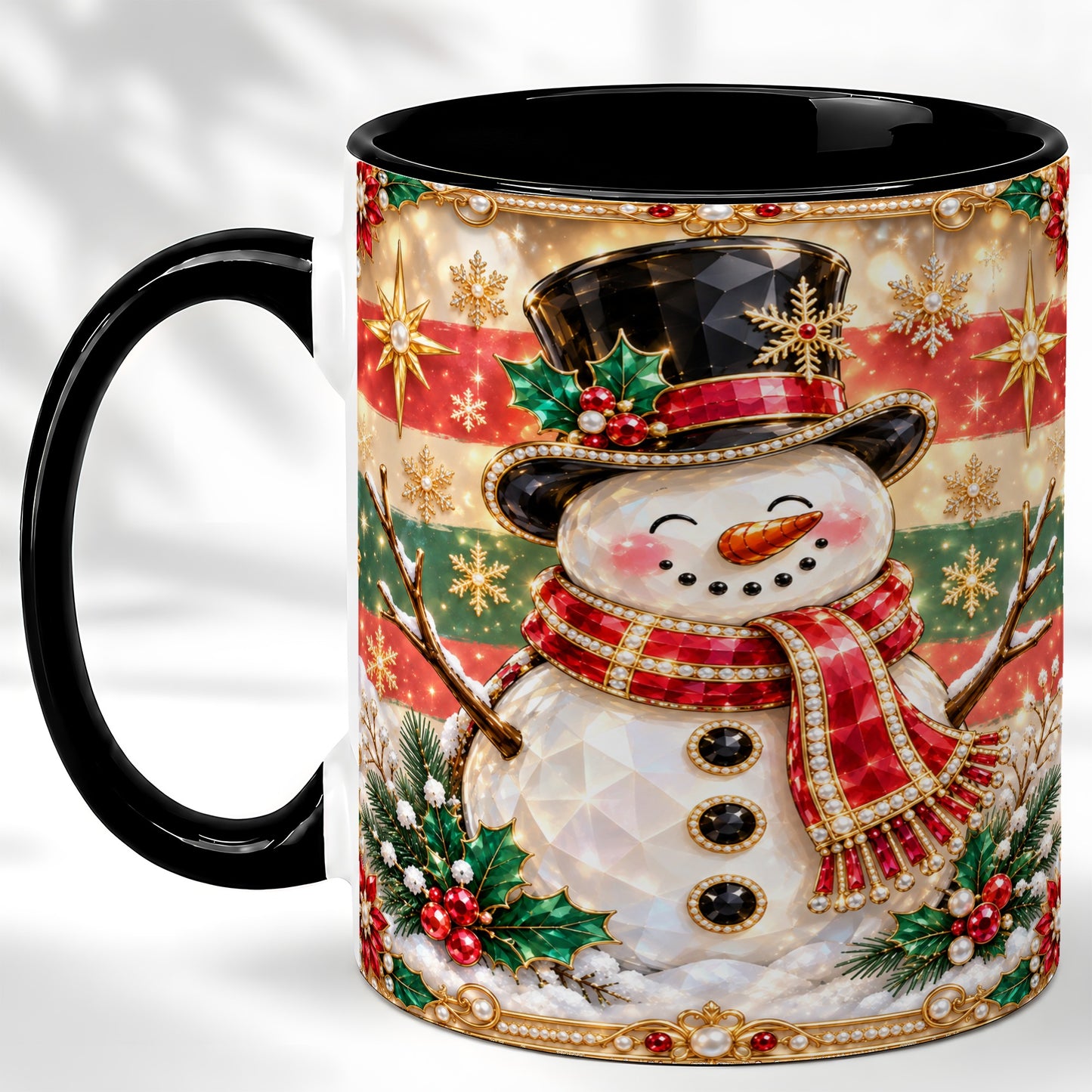 #pl[11oz|Black] Jeweled Top Hat Snowman Coffee Mug, Christmas Snowman Mug, Ceramic Cup