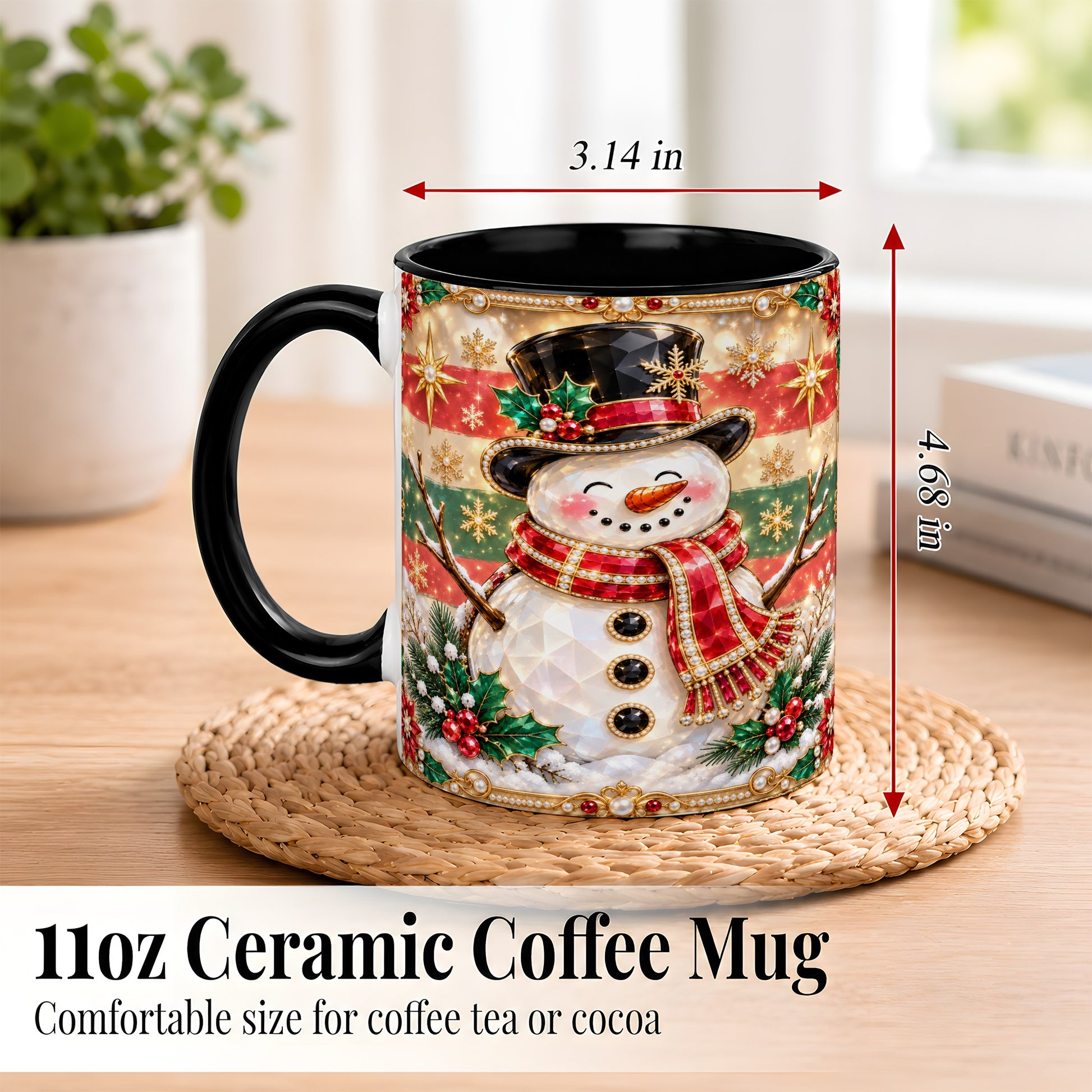 #pl[11oz|Black] Jeweled Top Hat Snowman Coffee Mug, Christmas Snowman Mug, Ceramic Cup
