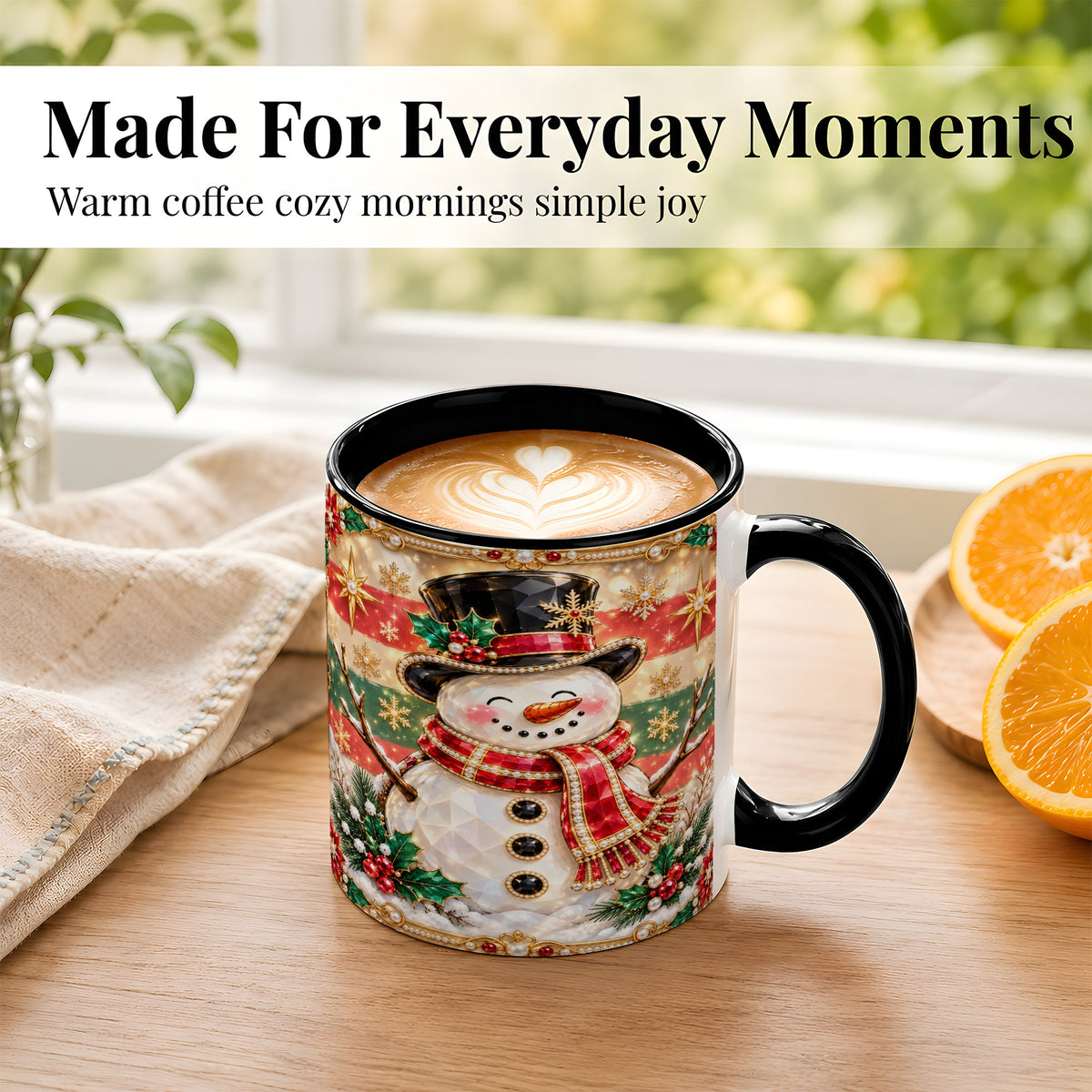#pl[11oz|Black] Jeweled Top Hat Snowman Coffee Mug, Christmas Snowman Mug, Ceramic Cup