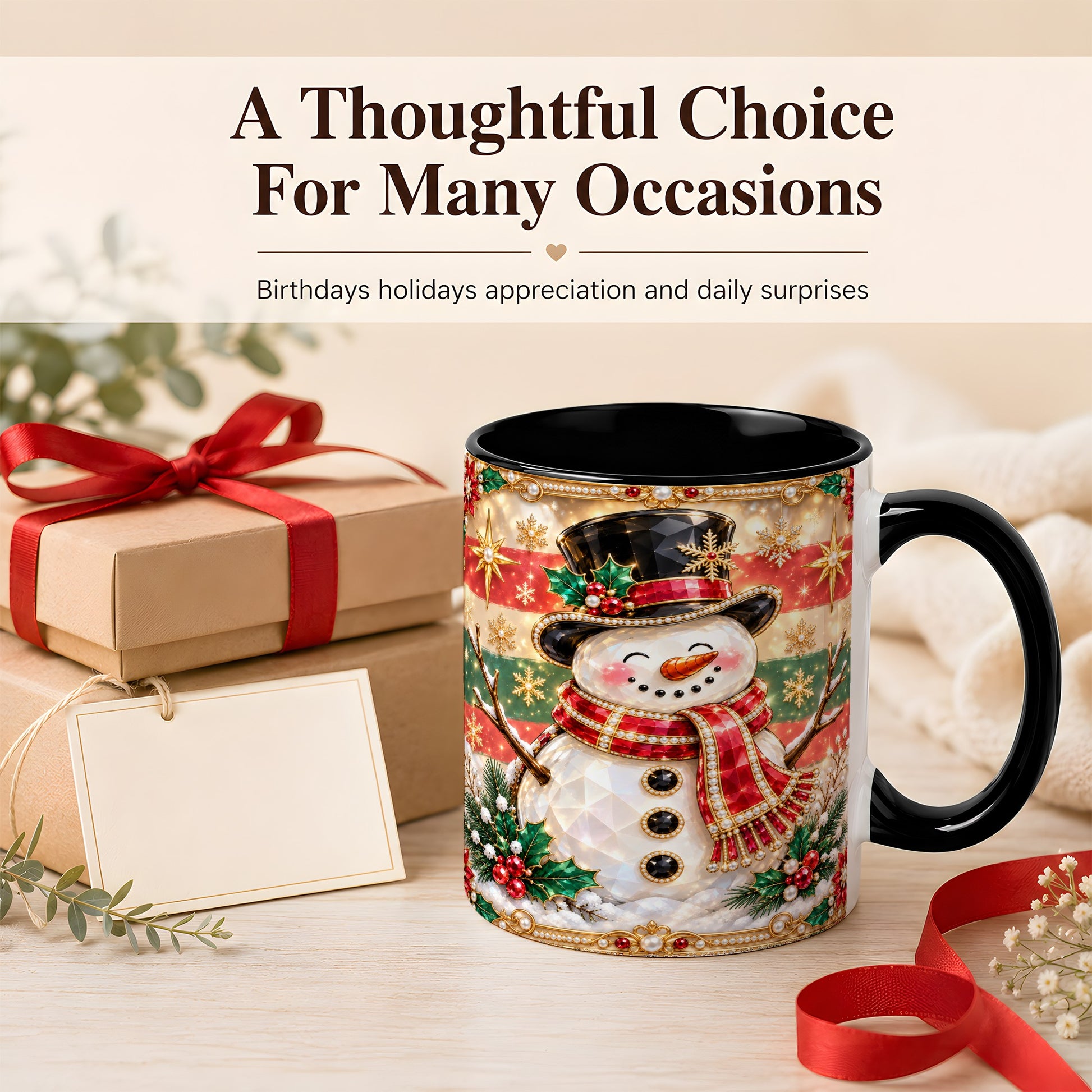 #pl[11oz|Black] Jeweled Top Hat Snowman Coffee Mug, Christmas Snowman Mug, Ceramic Cup