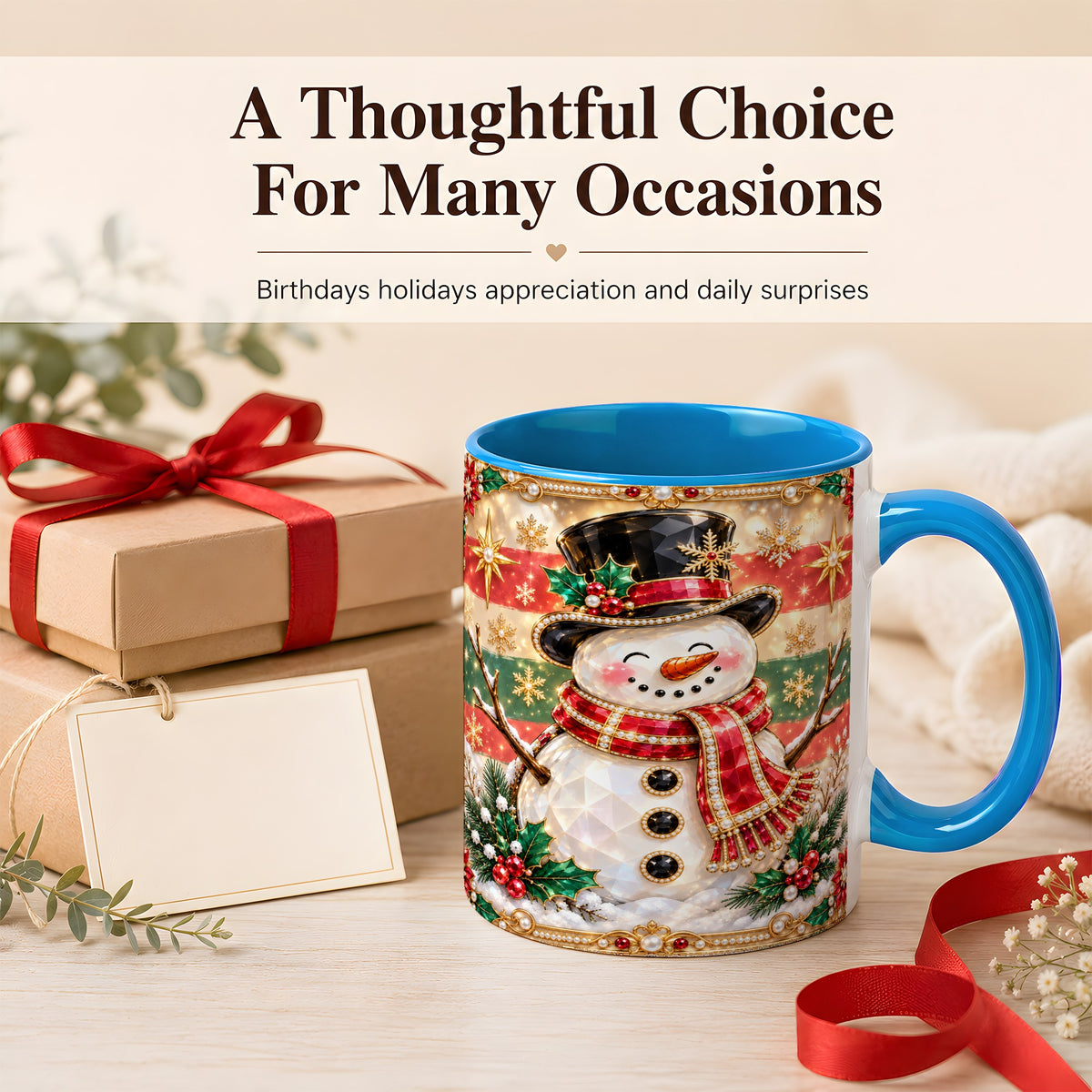 #pl[11oz|Blue] Jeweled Top Hat Snowman Coffee Mug, Christmas Snowman Mug, Ceramic Cup