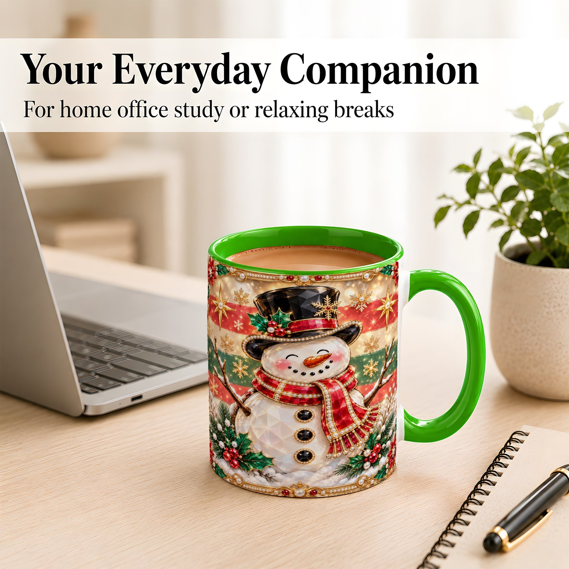 #pl[11oz|Green] Jeweled Top Hat Snowman Coffee Mug, Christmas Snowman Mug, Ceramic Cup