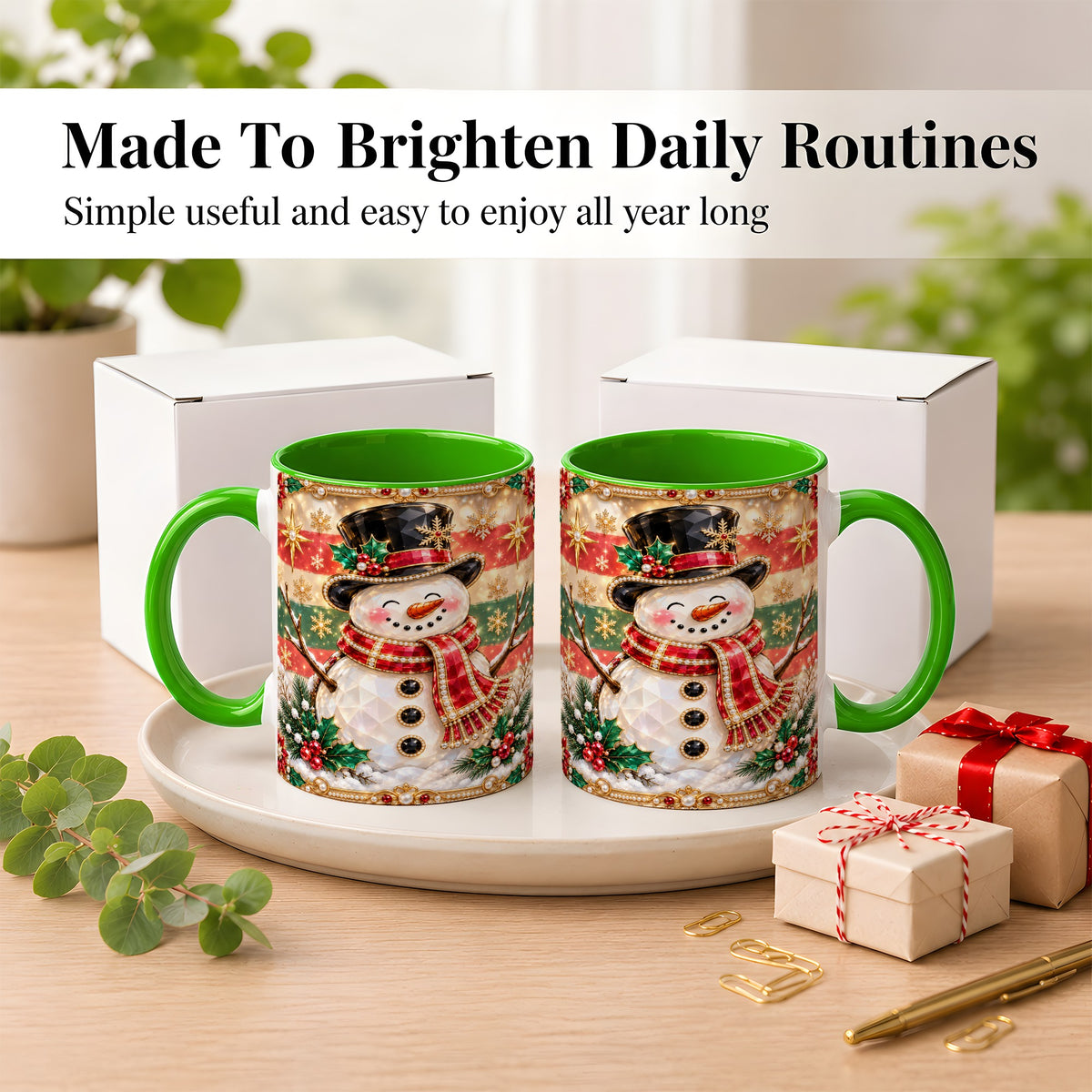 #pl[11oz|Green] Jeweled Top Hat Snowman Coffee Mug, Christmas Snowman Mug, Ceramic Cup