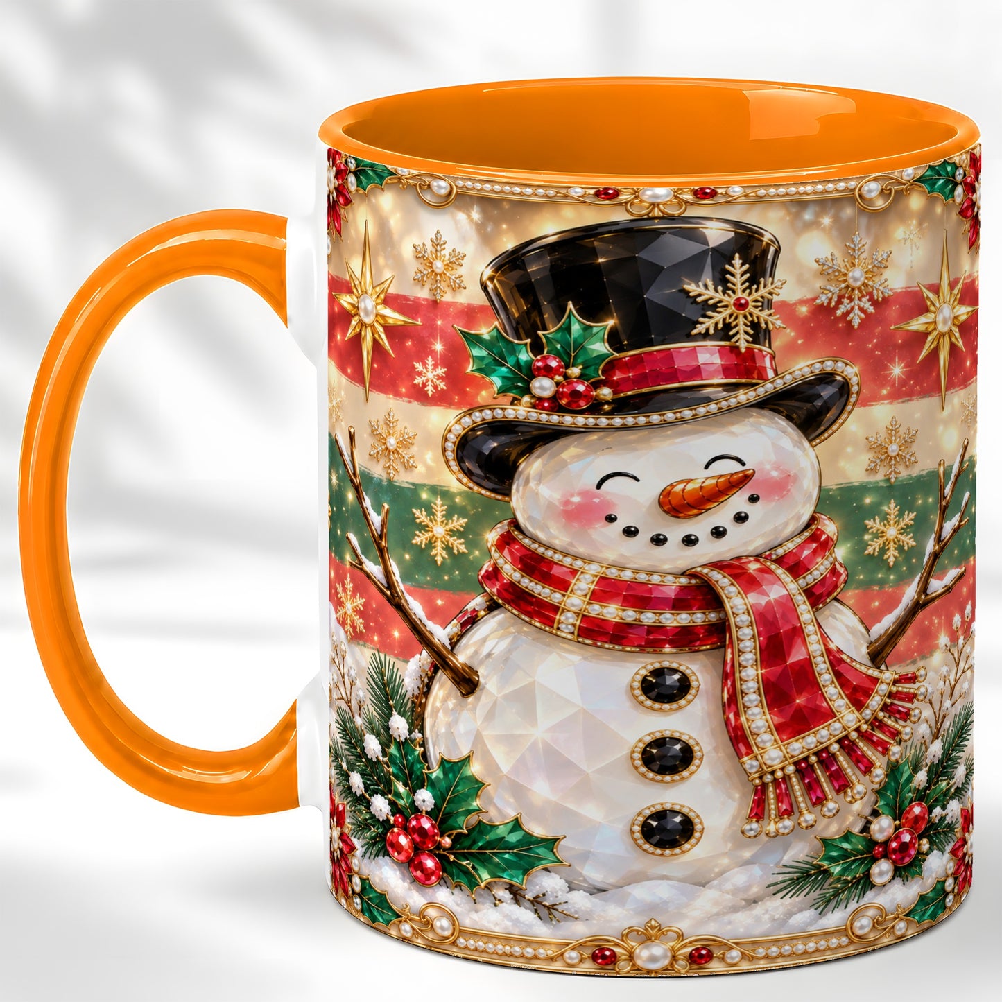 #pl[11oz|Orange] Jeweled Top Hat Snowman Coffee Mug, Christmas Snowman Mug, Ceramic Cup