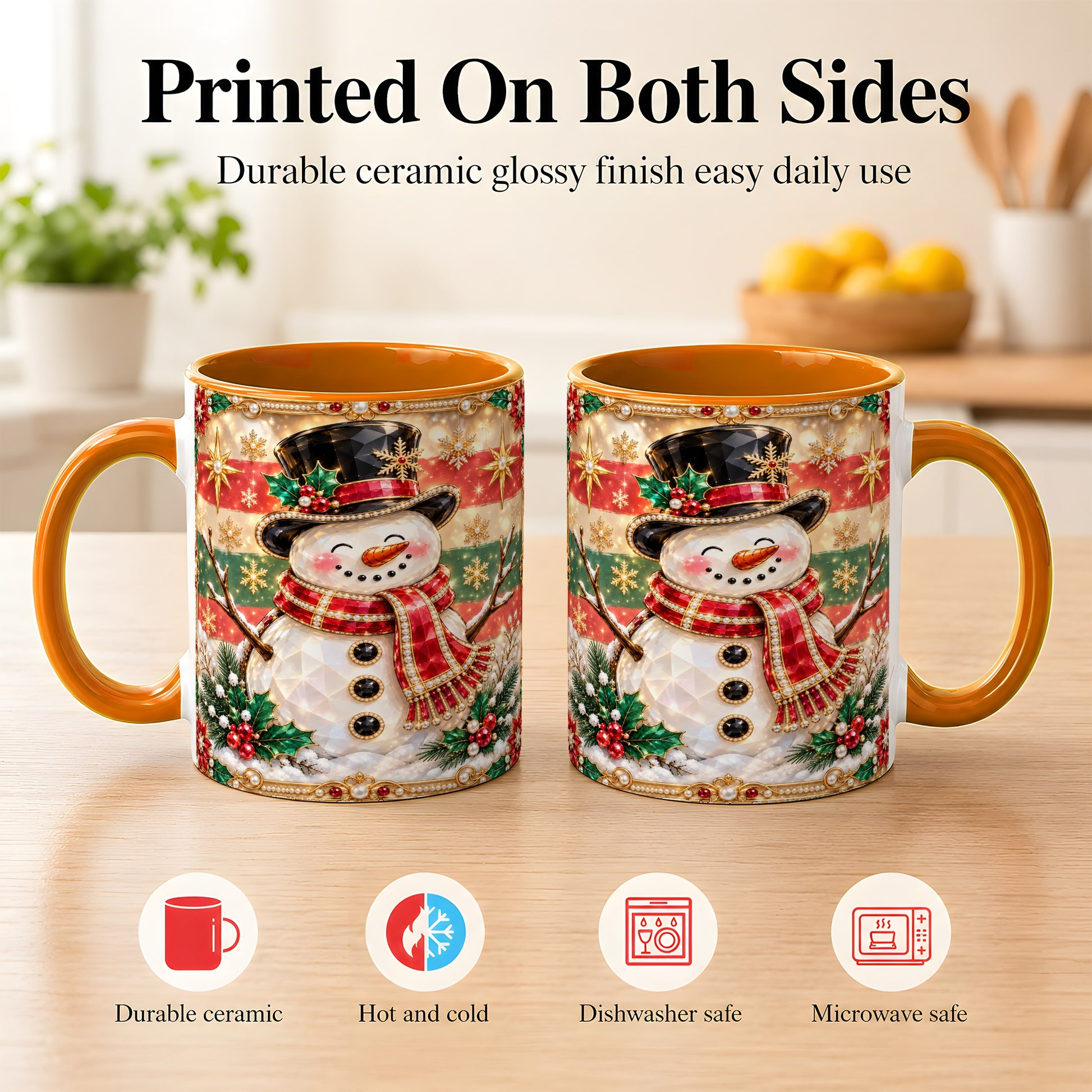 #pl[11oz|Orange] Jeweled Top Hat Snowman Coffee Mug, Christmas Snowman Mug, Ceramic Cup
