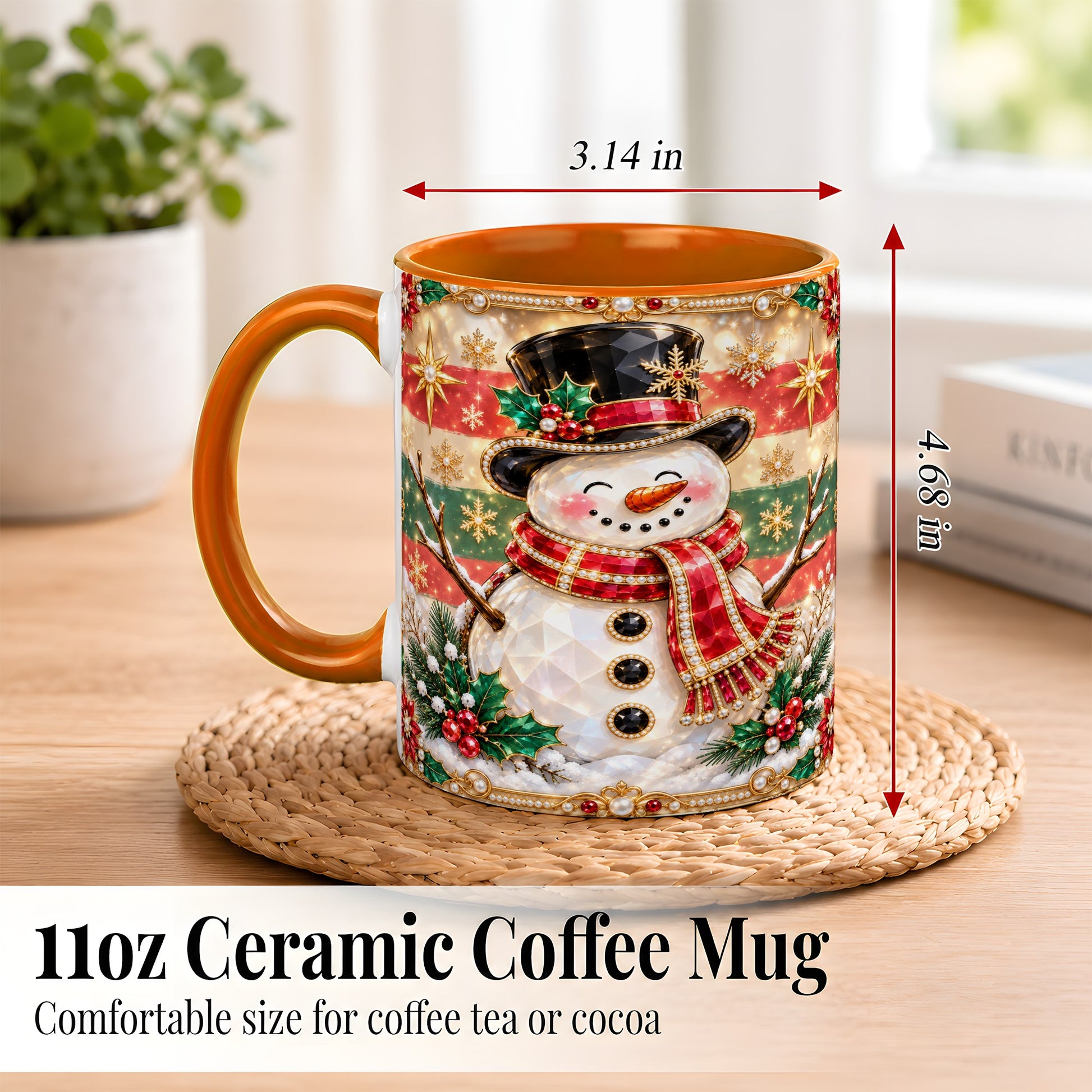 #pl[11oz|Orange] Jeweled Top Hat Snowman Coffee Mug, Christmas Snowman Mug, Ceramic Cup