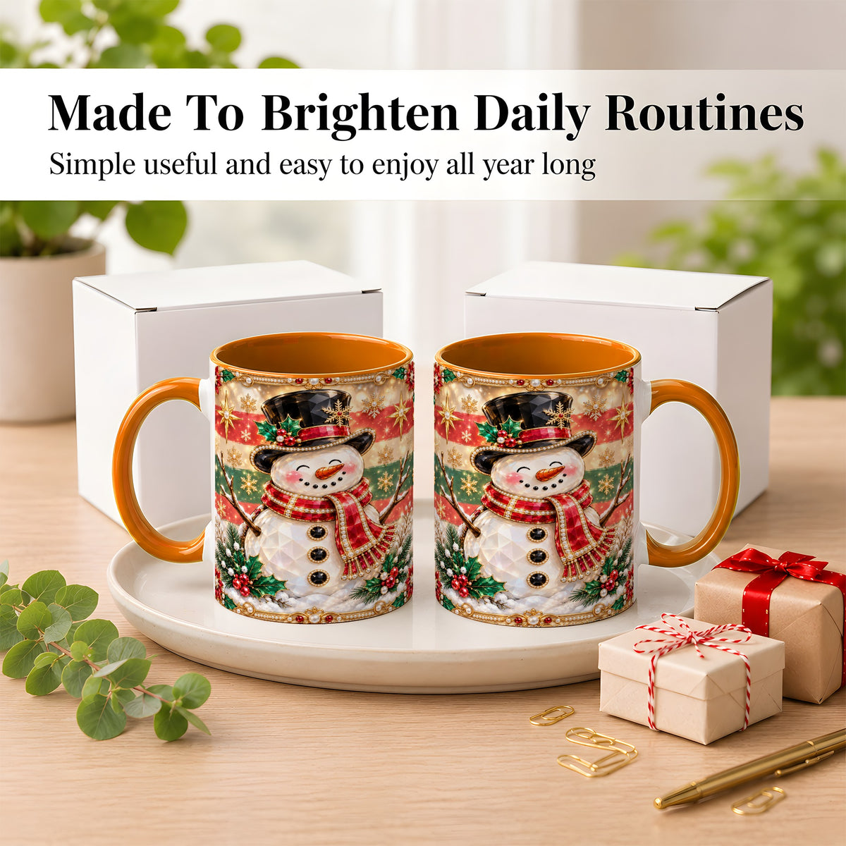 #pl[11oz|Orange] Jeweled Top Hat Snowman Coffee Mug, Christmas Snowman Mug, Ceramic Cup
