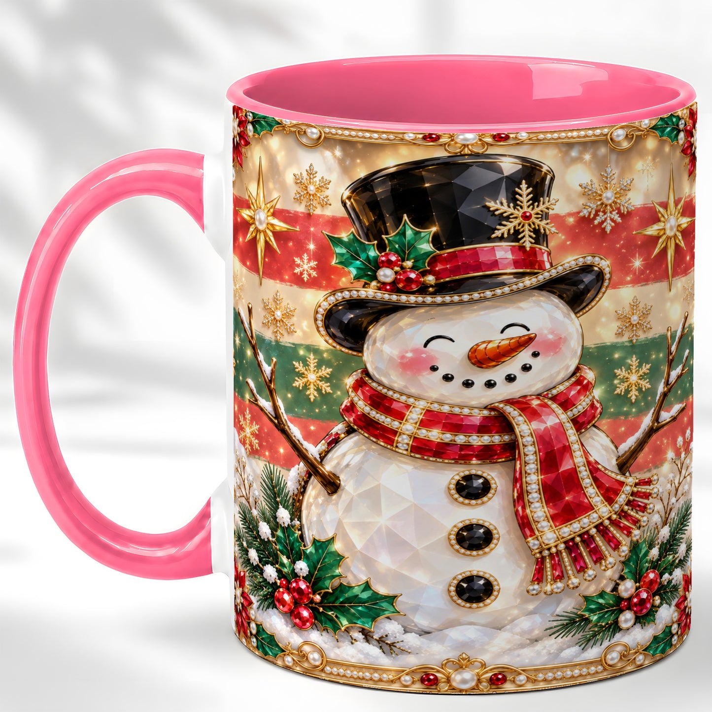 #pl[11oz|Pink] Jeweled Top Hat Snowman Coffee Mug, Christmas Snowman Mug, Ceramic Cup