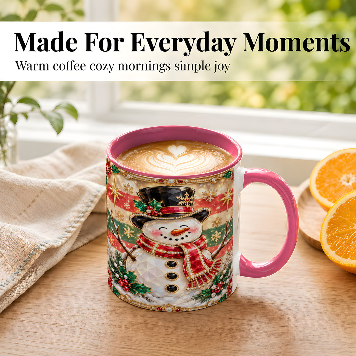 #pl[11oz|Pink] Jeweled Top Hat Snowman Coffee Mug, Christmas Snowman Mug, Ceramic Cup