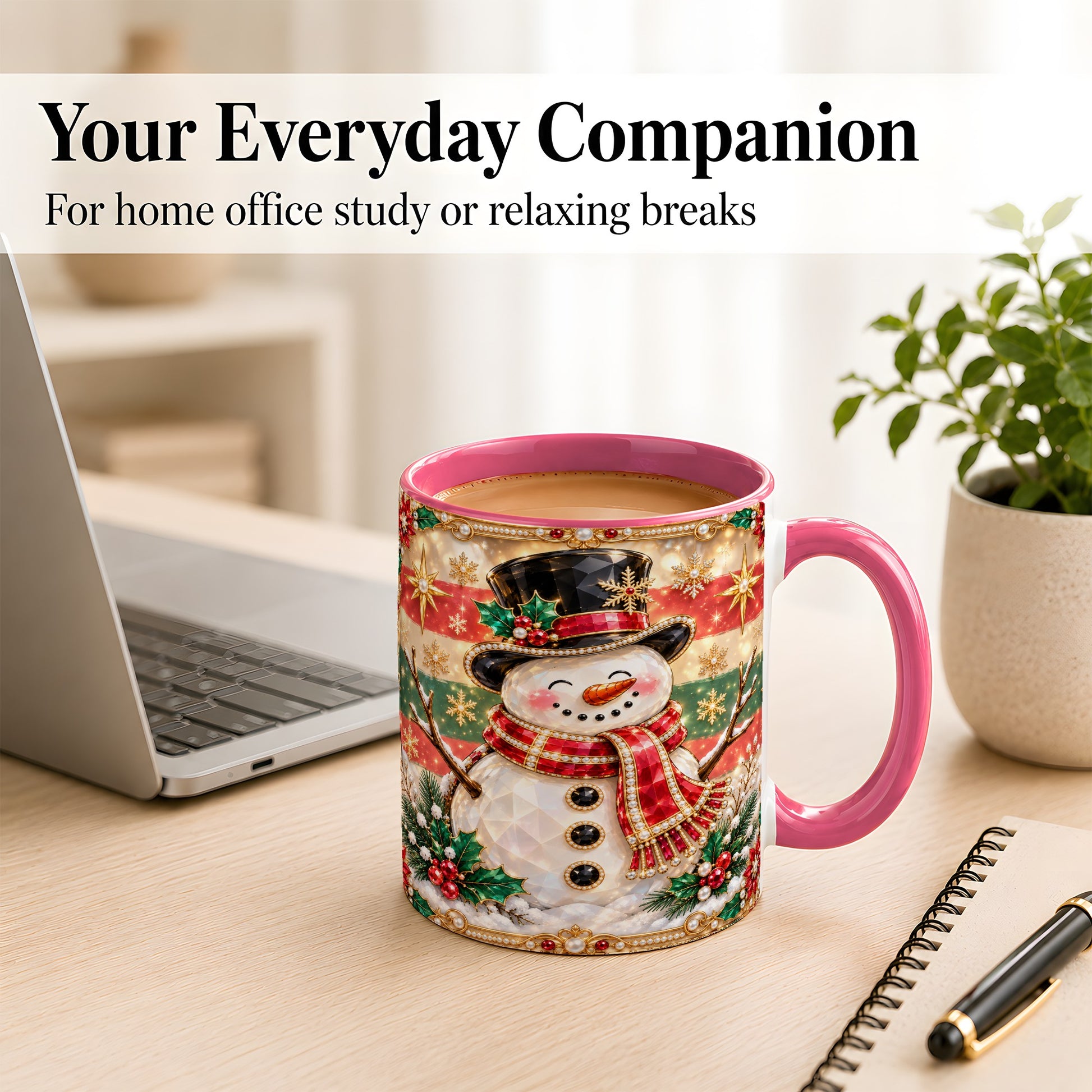 #pl[11oz|Pink] Jeweled Top Hat Snowman Coffee Mug, Christmas Snowman Mug, Ceramic Cup