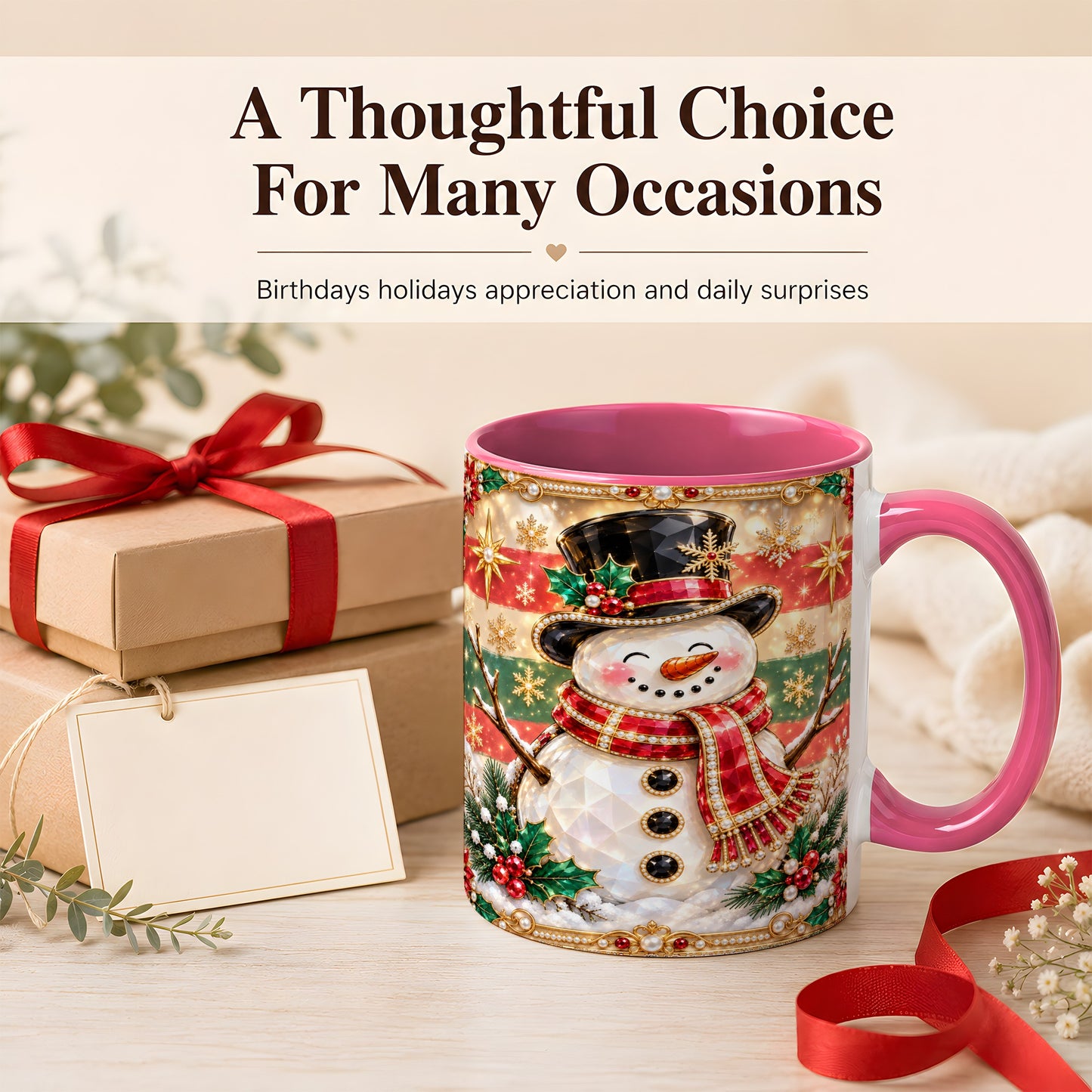 #pl[11oz|Pink] Jeweled Top Hat Snowman Coffee Mug, Christmas Snowman Mug, Ceramic Cup