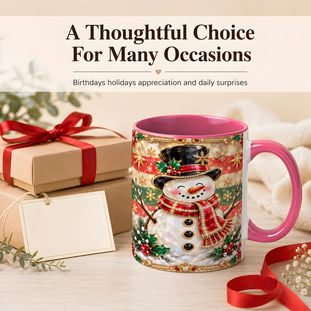 #pl[11oz|Pink] Jeweled Top Hat Snowman Coffee Mug, Christmas Snowman Mug, Ceramic Cup
