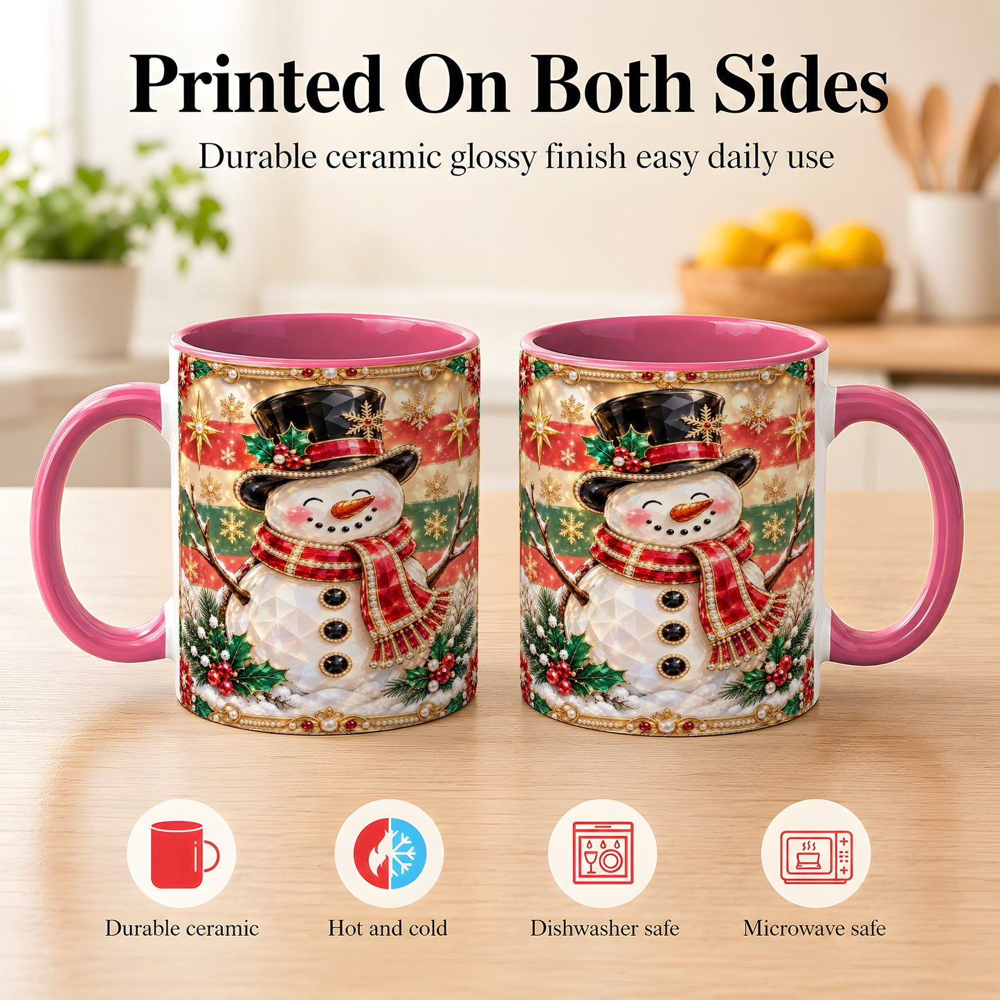 #pl[11oz|Pink] Jeweled Top Hat Snowman Coffee Mug, Christmas Snowman Mug, Ceramic Cup