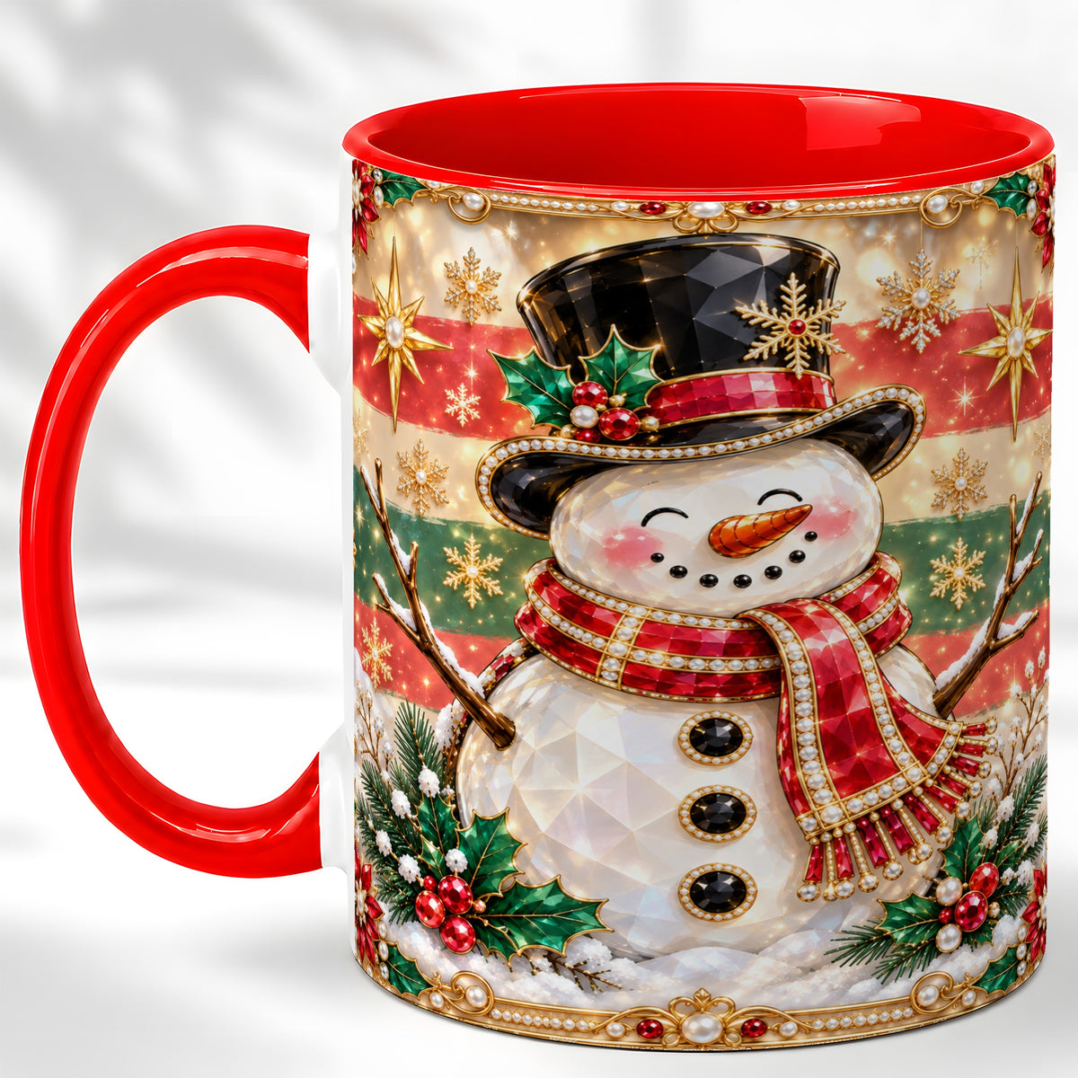 Jeweled Top Hat Snowman Coffee Mug, Christmas Snowman Mug, Ceramic Cup