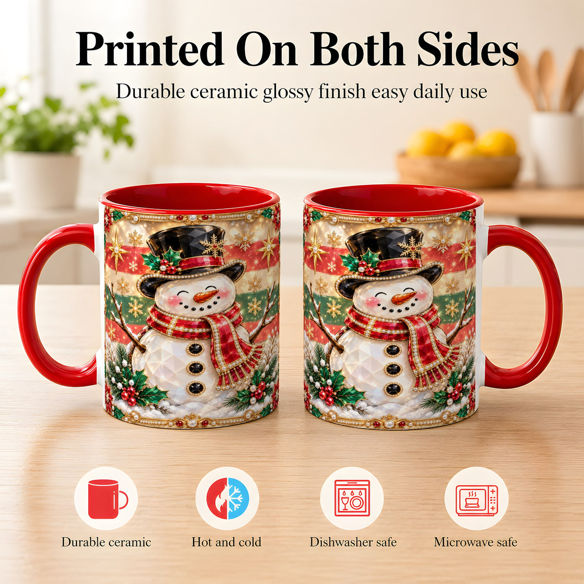 #pl[11oz|Red] Jeweled Top Hat Snowman Coffee Mug, Christmas Snowman Mug, Ceramic Cup