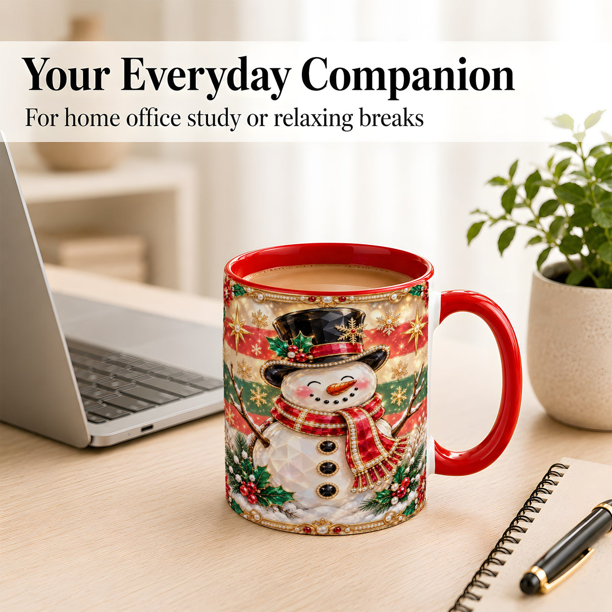 #pl[11oz|Red] Jeweled Top Hat Snowman Coffee Mug, Christmas Snowman Mug, Ceramic Cup