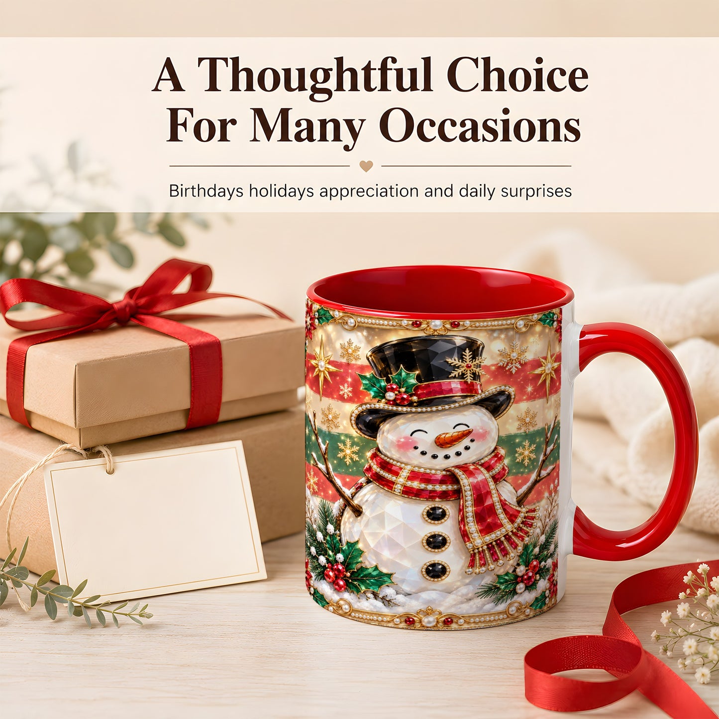 #pl[11oz|Red] Jeweled Top Hat Snowman Coffee Mug, Christmas Snowman Mug, Ceramic Cup