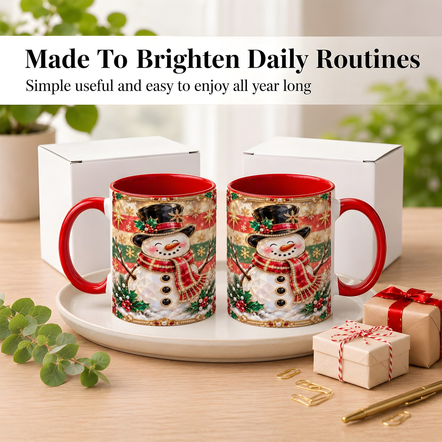 #pl[11oz|Red] Jeweled Top Hat Snowman Coffee Mug, Christmas Snowman Mug, Ceramic Cup