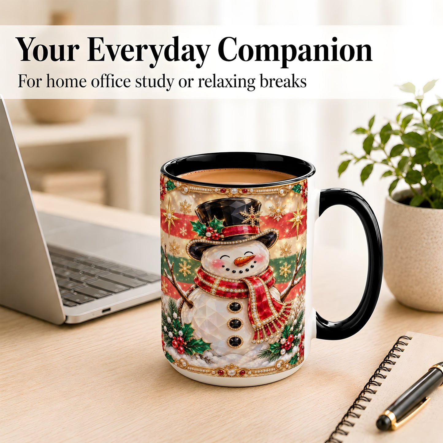 #pl[15oz|Black] Jeweled Top Hat Snowman Coffee Mug, Christmas Snowman Mug, Ceramic Cup