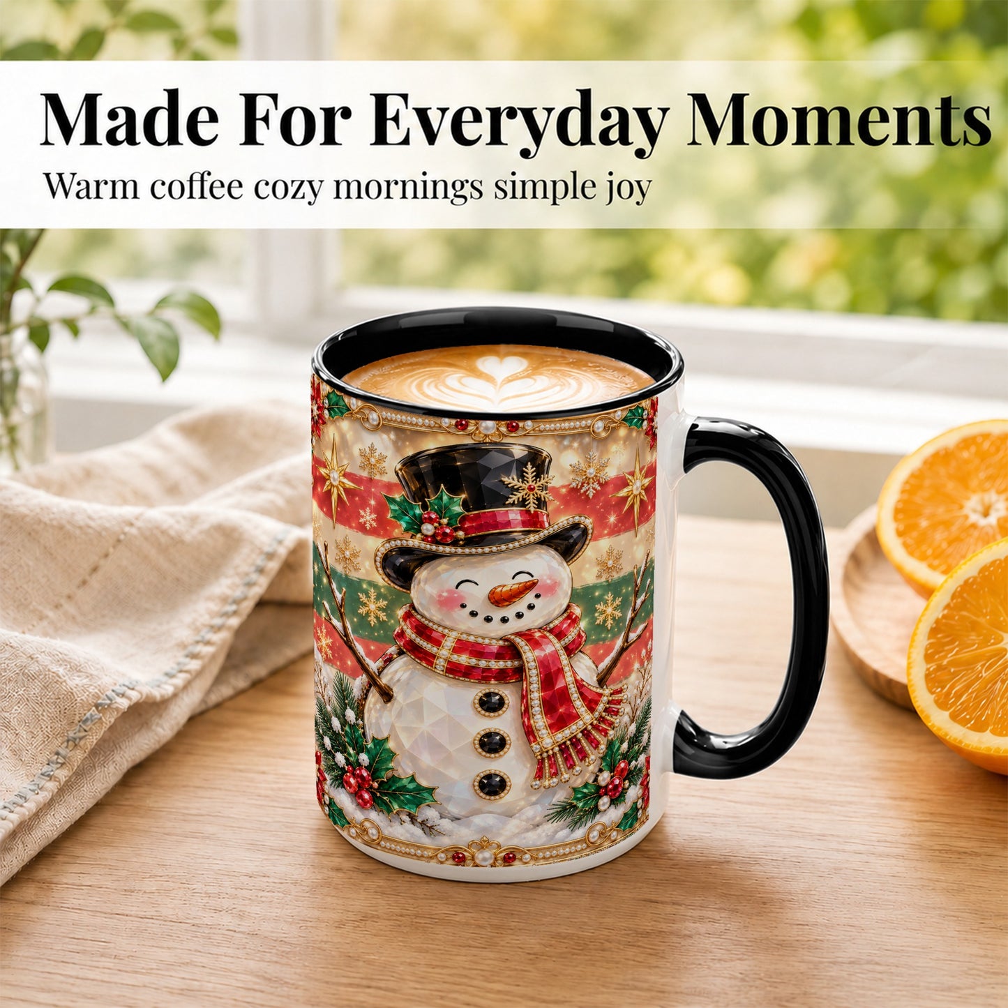 #pl[15oz|Black] Jeweled Top Hat Snowman Coffee Mug, Christmas Snowman Mug, Ceramic Cup