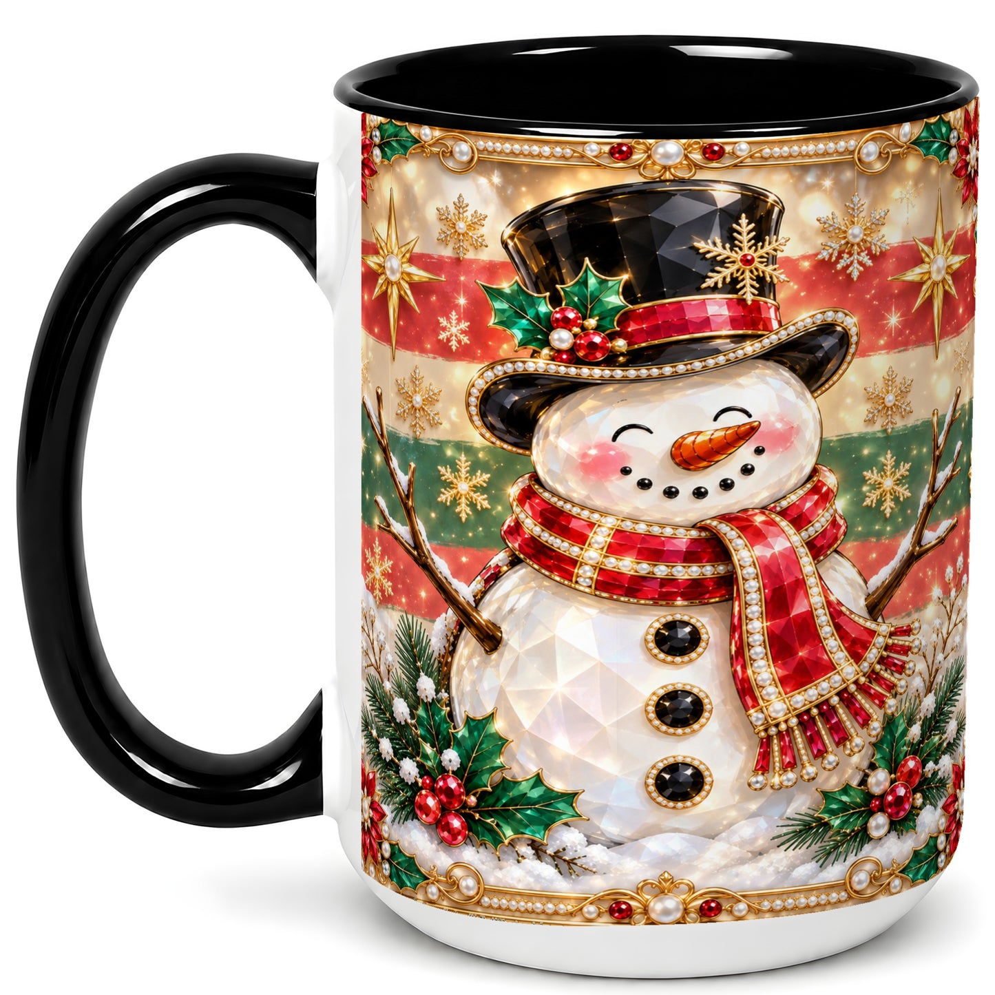 #pl[15oz|Black] Jeweled Top Hat Snowman Coffee Mug, Christmas Snowman Mug, Ceramic Cup